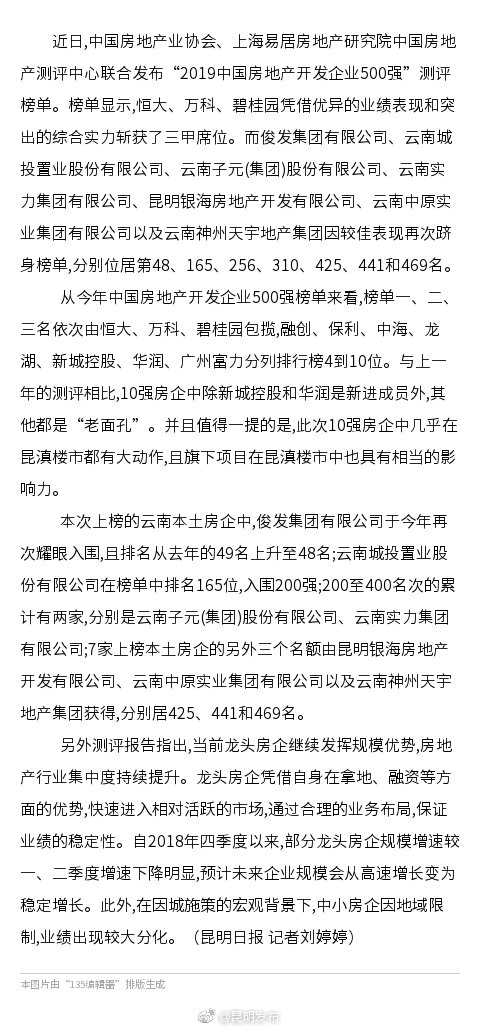 2019中国房地产开发企业500强榜单出炉 7家云
