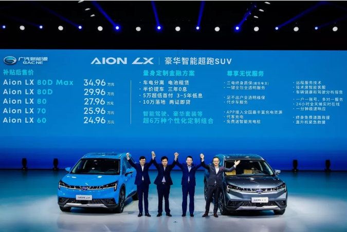 广汽新能源Aion LX纯电SUV上市 补贴后售价24.96-34.96万