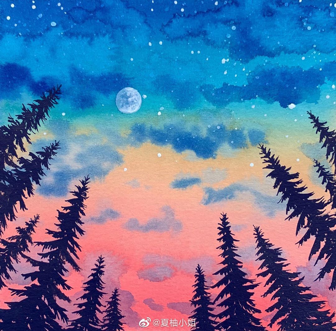 梦幻夜空主题水彩画,超美腻!