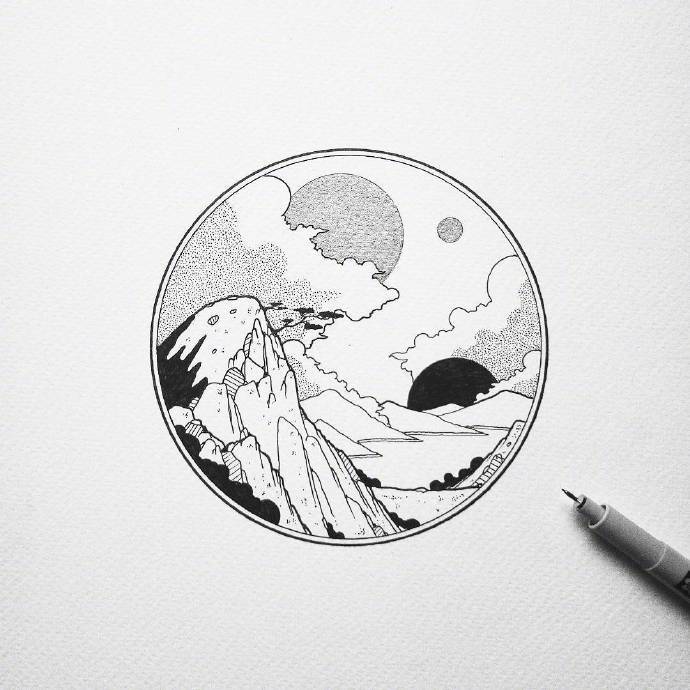 手绘黑白风景小插画作品分享