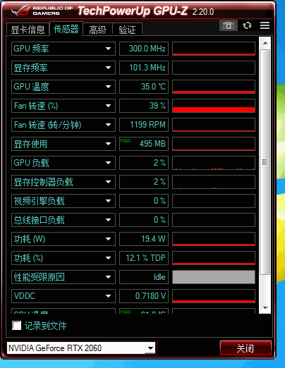 rtx2060 gpuz,影驰rtx20606g 待机状态下gpu-z测得的铭瑄rtx2060 gpu温度为35℃频率为300mhz.