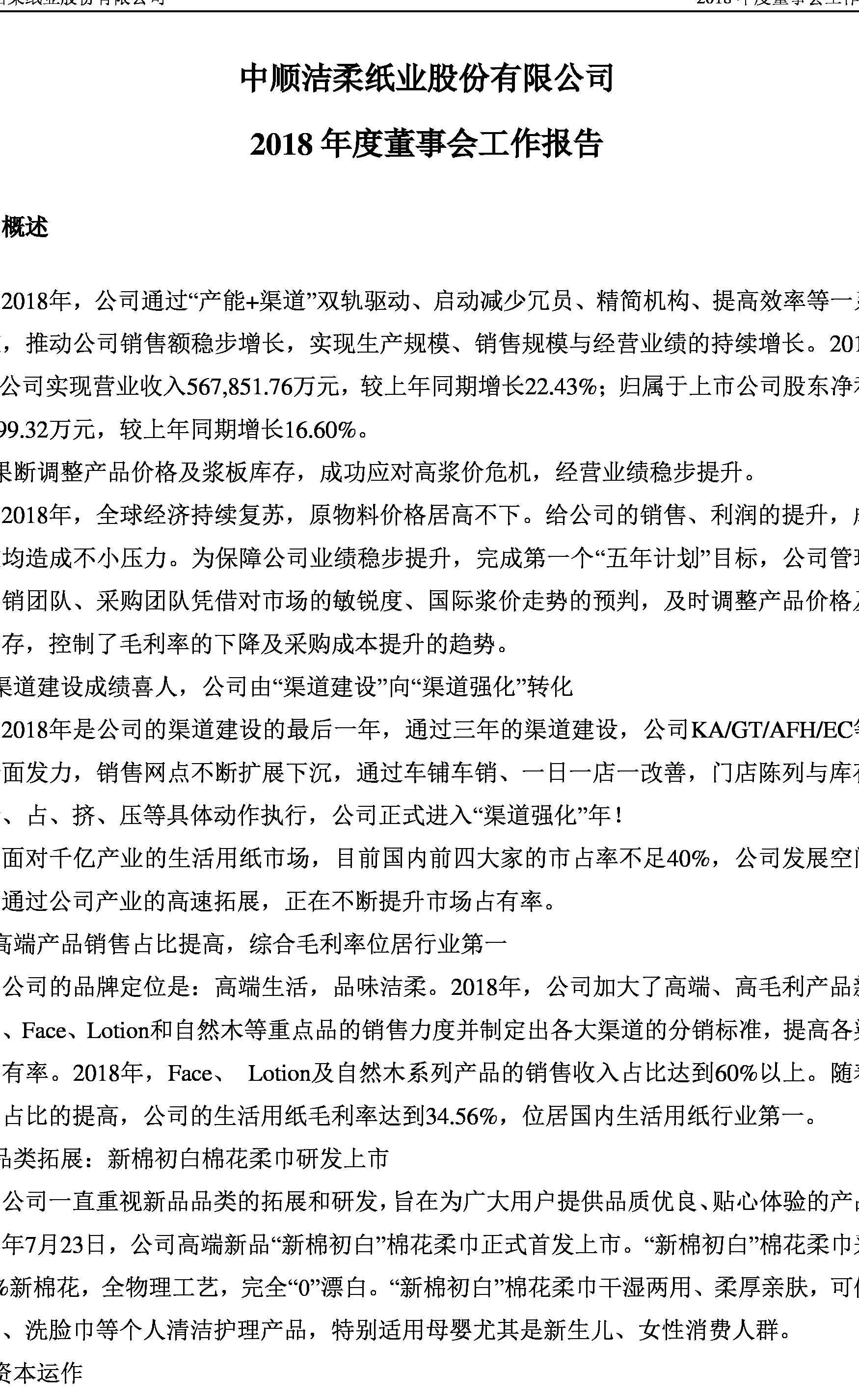 中顺洁柔:2018年度董事会工作报告