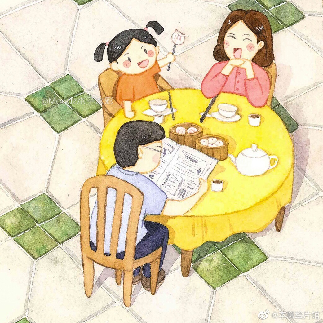 和家人一起去茶楼喝早茶 | 绘画:@moodz木子水彩