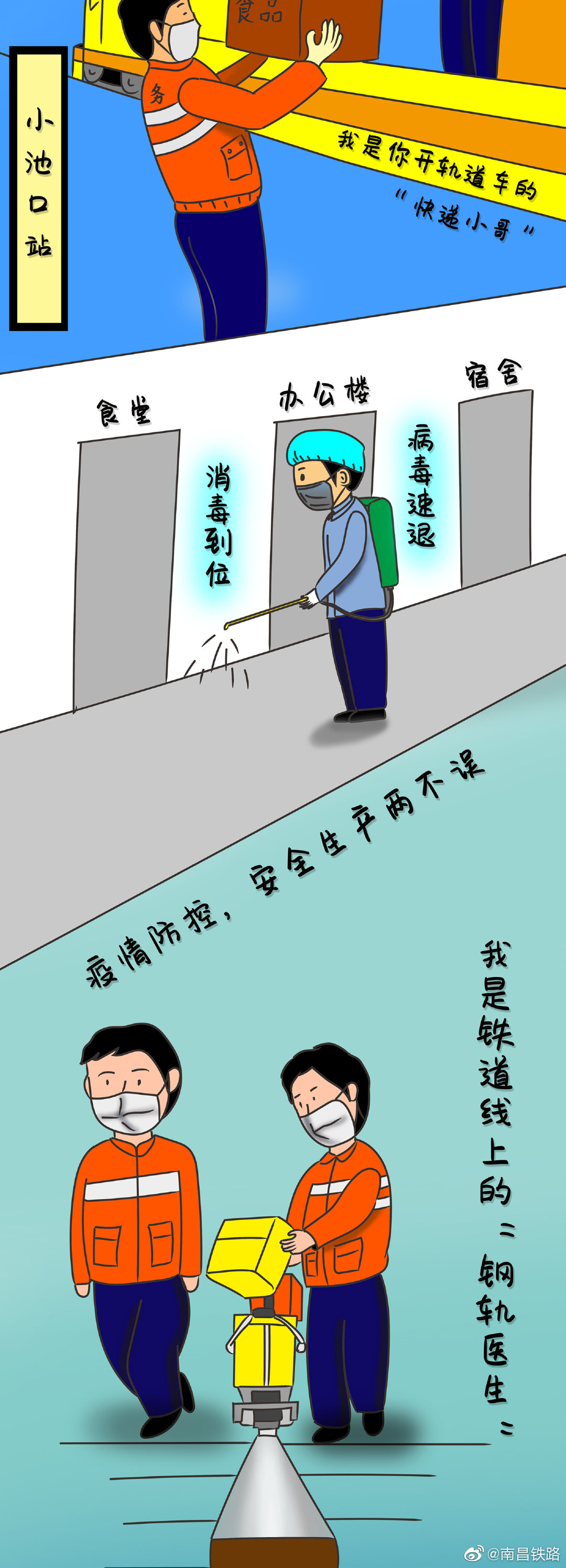 一组由@南铁九江桥工段 提供的铁路工务人"专属"防疫漫画新鲜出炉