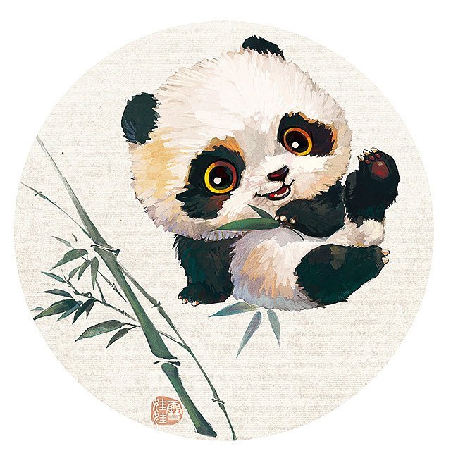 水彩笔画熊猫吃竹子