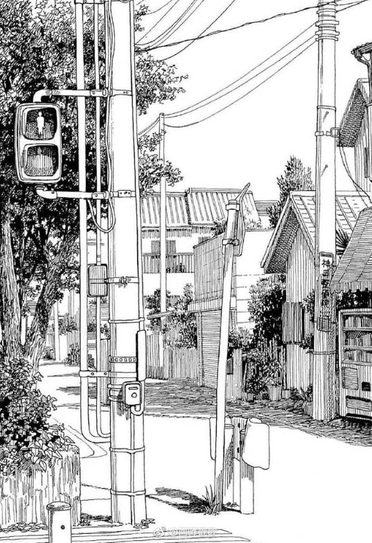 黑白插画,街景一角@微博美学:iyohiko azuma