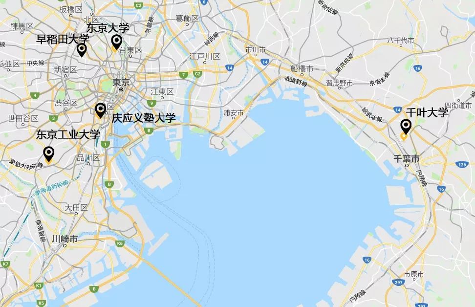 东京湾区部分高校 图片来源：谷歌地图