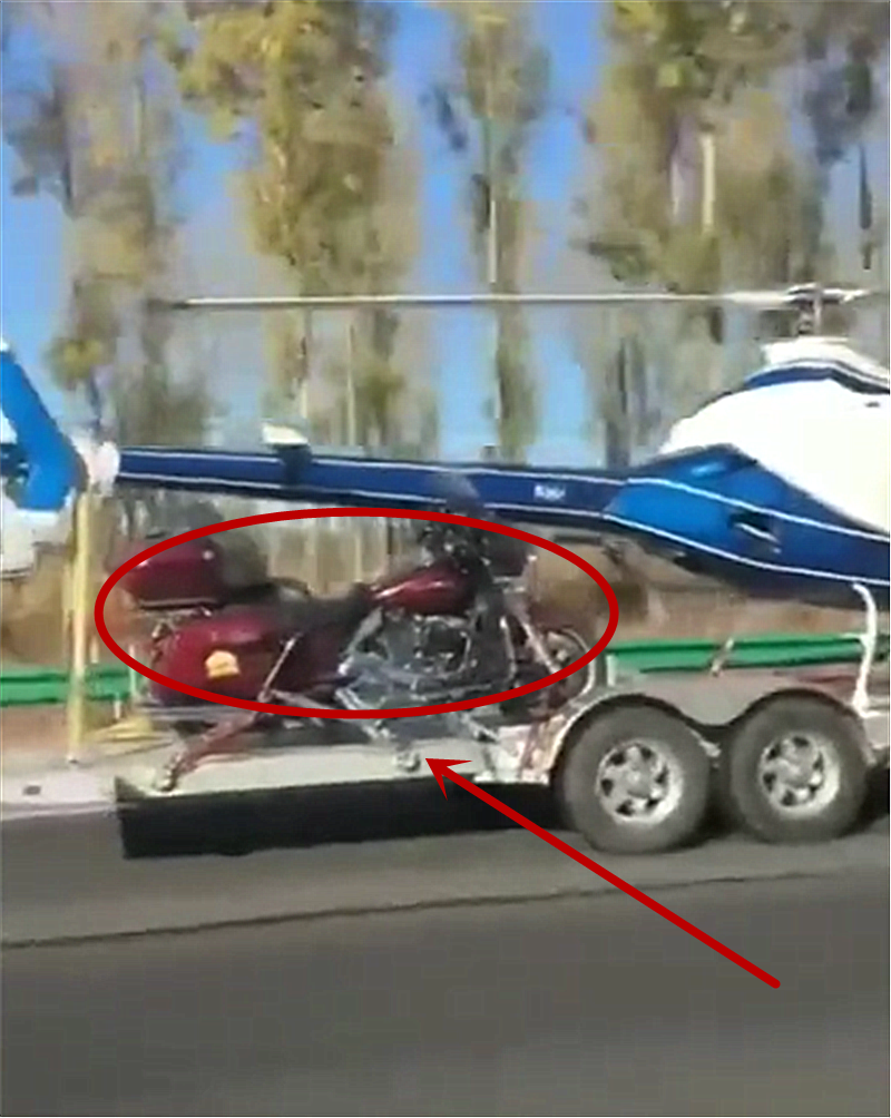 福特E450现高速 车尾拖直升机和40万哈雷!