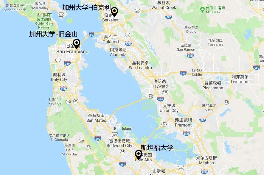 旧金山湾区部分高校 图片来源：谷歌地图