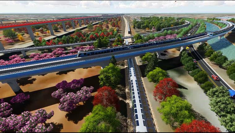 新机场线与新机场高速公路、京雄高铁形成了独特的共走廊模式，未来将形成三季有花、四季常绿的共走绿廊。北京市重大项目办供图