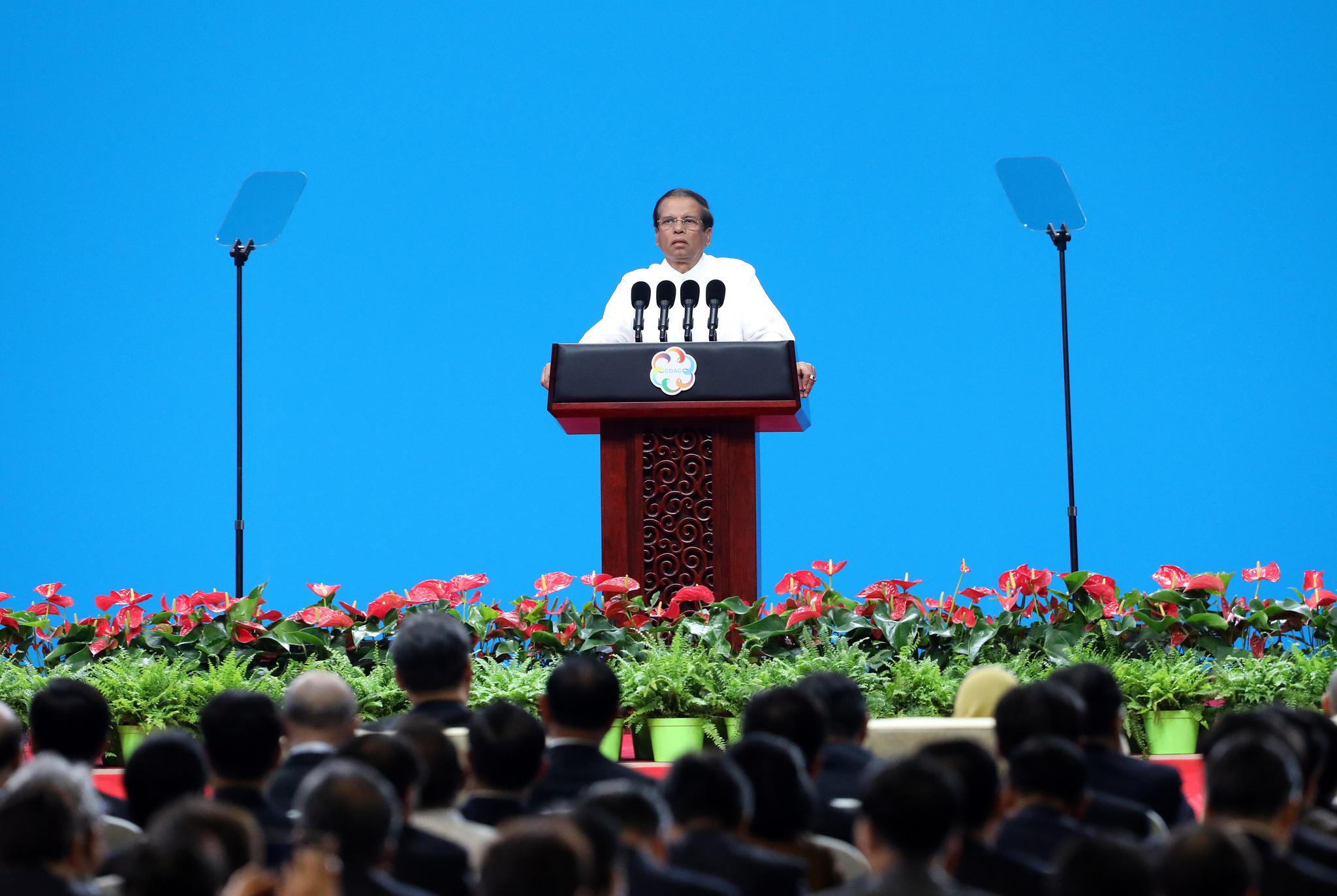 今日(5月15日)上午,亞洲文明對話大會開幕式在北京國家會議中心舉行。斯里蘭卡總統西里塞納在開幕式致辭。新京報記者 王貴彬 攝