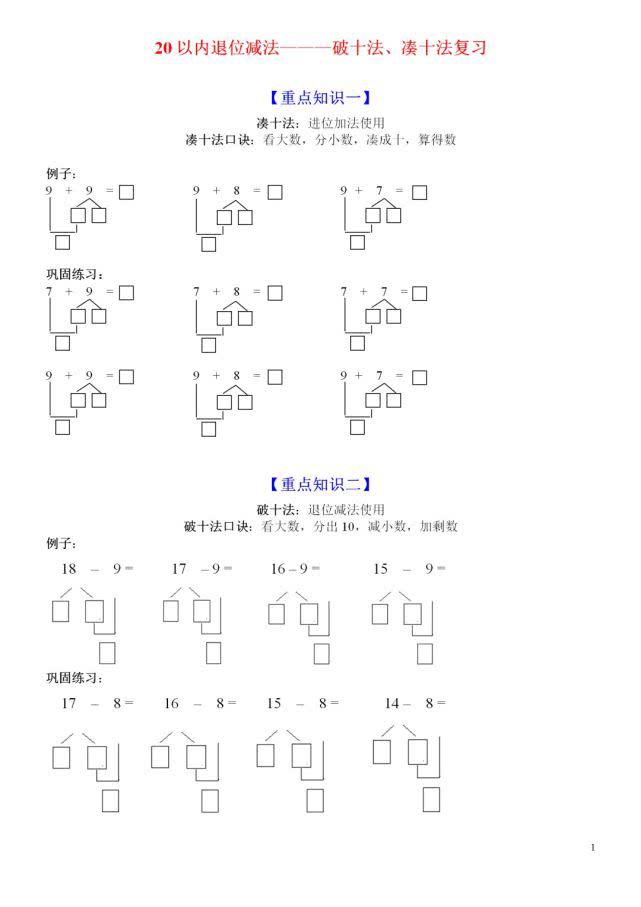 20以内加减法题库图片,20以内加减法题库图 小学一年级数学重点:"20以内退位减法练习题