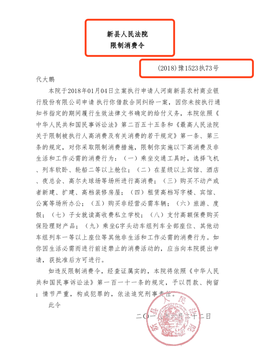 “(2018)豫1523执74号”案附加的新县人民法院针对代大鹏(实为“戴大鹏”)出具的限制消费令。
