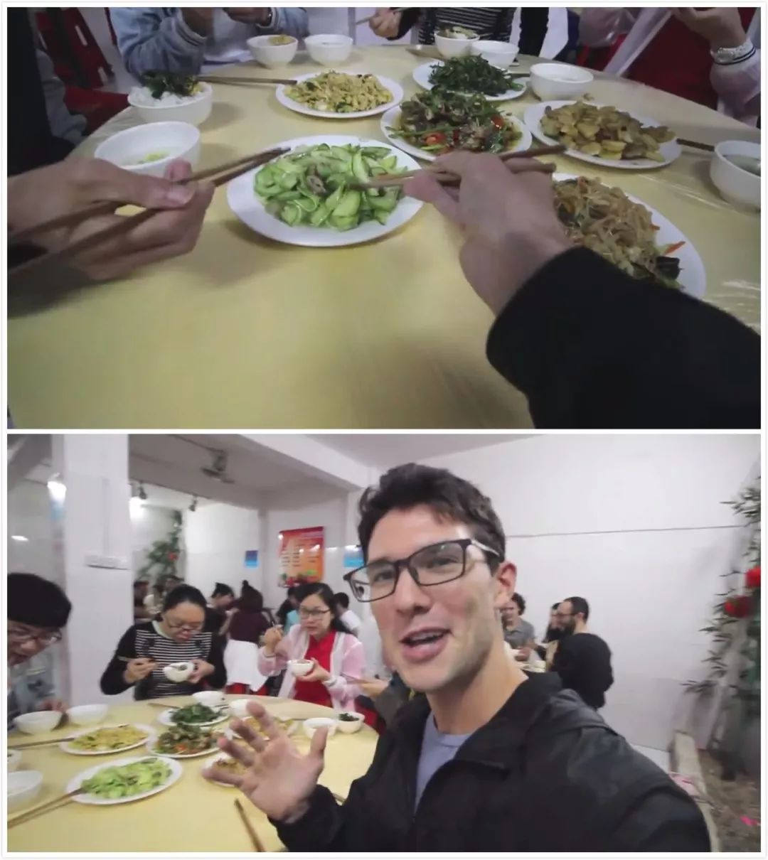 ▲Kevin和大家一起吃午餐,还能娴熟地使用筷子夹菜(视频截图)