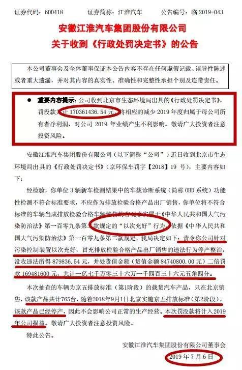 排放造假 江淮被罚1.7亿!网友:跟大众学坏了,罚得太少了