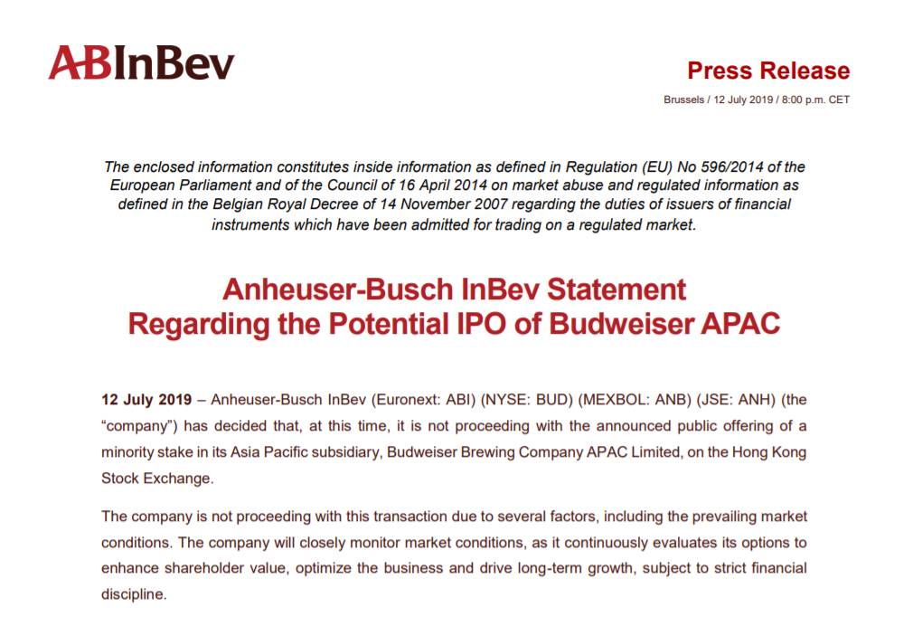 百威英博官宣 暂停百威亚太在香港IPO