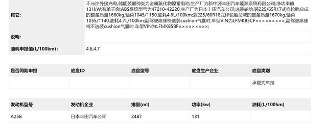 首发2.0燃油和2.5油电混动车型 全新一代一汽丰田RAV4亮相工信部