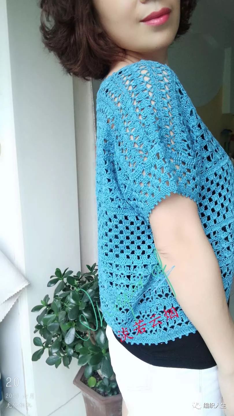 蓝蝶:云清百搭女士钩针短袖套头衫(附图解)