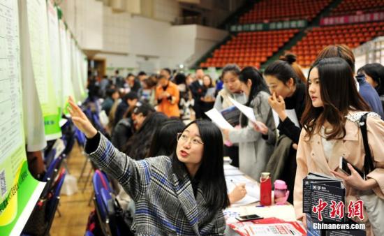资料图:学生在招聘双选会现场寻找合适职位。中新社记者 于海洋 摄