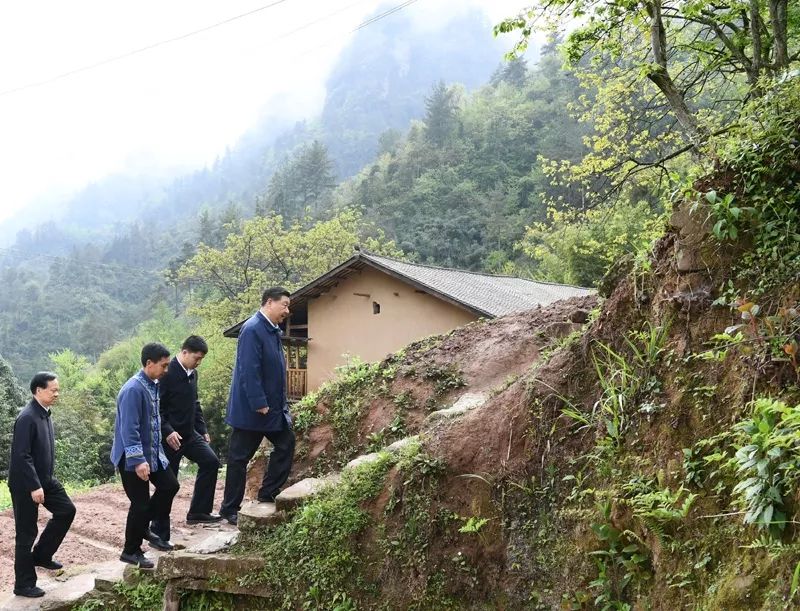 △2019年4月15日下午，在石柱土家族自治县中益乡华溪村，习近平踏着湿滑的石阶登上陡坡，前往贫困户谭登周家看望。