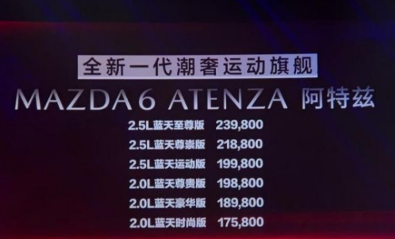 马自达新款阿特兹上市，售价17.58-23.98万元