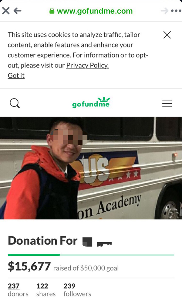 邱小天逝世后,有人为其家人募款。来源:筹款网站gofundme截图