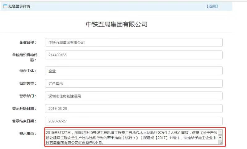 中铁五局被红色警示6个月。 来源:深圳住建局官网截图