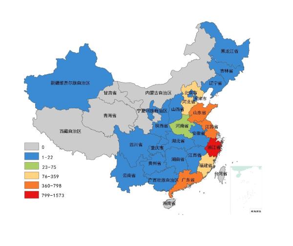 2019年中國各省淘寶村數量分佈,數據來源:阿里研究院。
