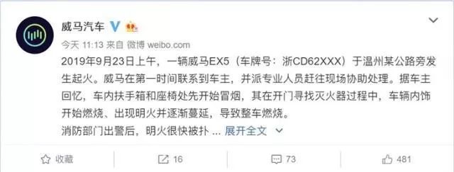 威马EX5电动汽车起火 事故原因在调查