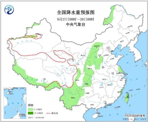 全国降水量预报图(9月27日08时-28日08时)