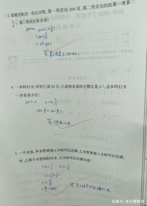 小学六年级数学期中测试,98分,书写工整答题认真