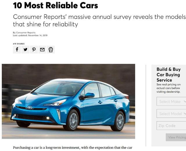 《消费者报告》十大可靠车型，日系占9款，6款来自丰田，美系呢？