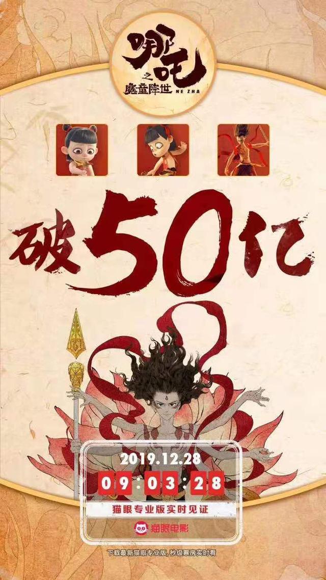 《哪吒之魔童降世》票房突破50亿，仅次于《战狼》位列影史第二