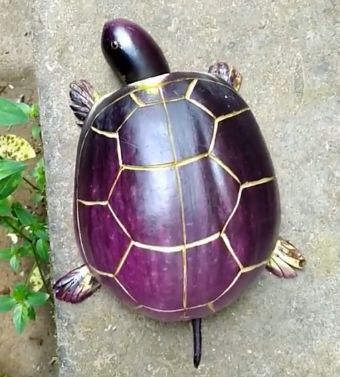 这个紫色的乌龟用紫色的茄子切成两半,在做成乌龟的样子,既简单又创意