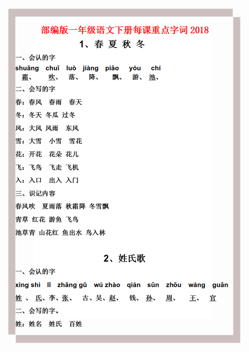 2018部编版一年级语文下册每课重点字词汇总