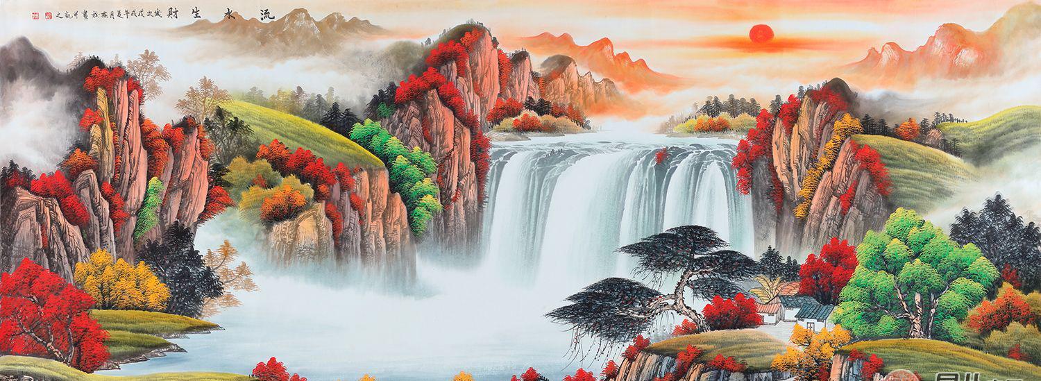 旺财图 刘燕姣手绘八尺山水画作品《流水生财》  作品来源:易从网