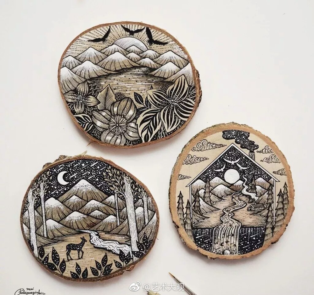 诗和远方 | 女艺术家meni chatzipanagiotou画在木桩截面上的装饰画-2