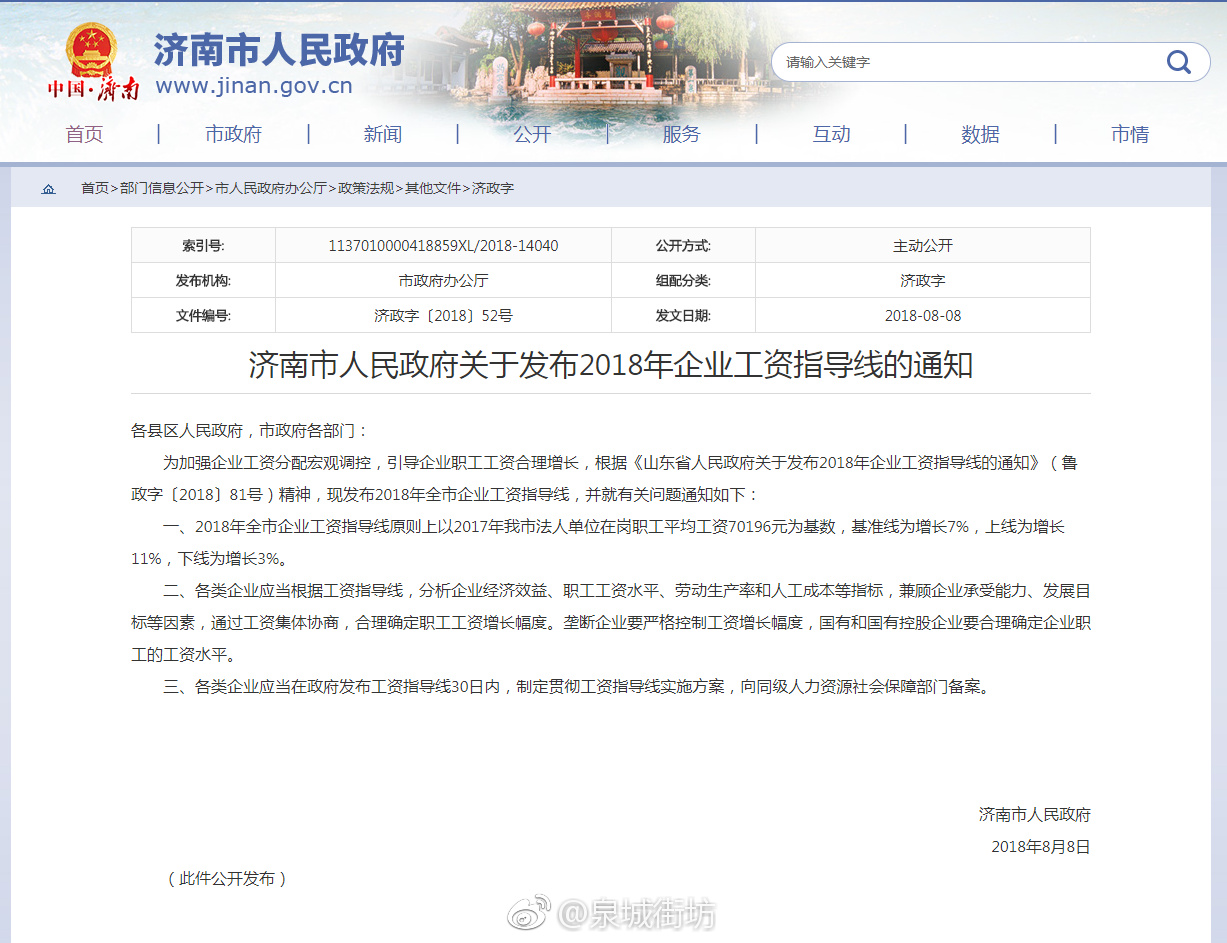 济南市发布2018企业工资指导线--年70196元