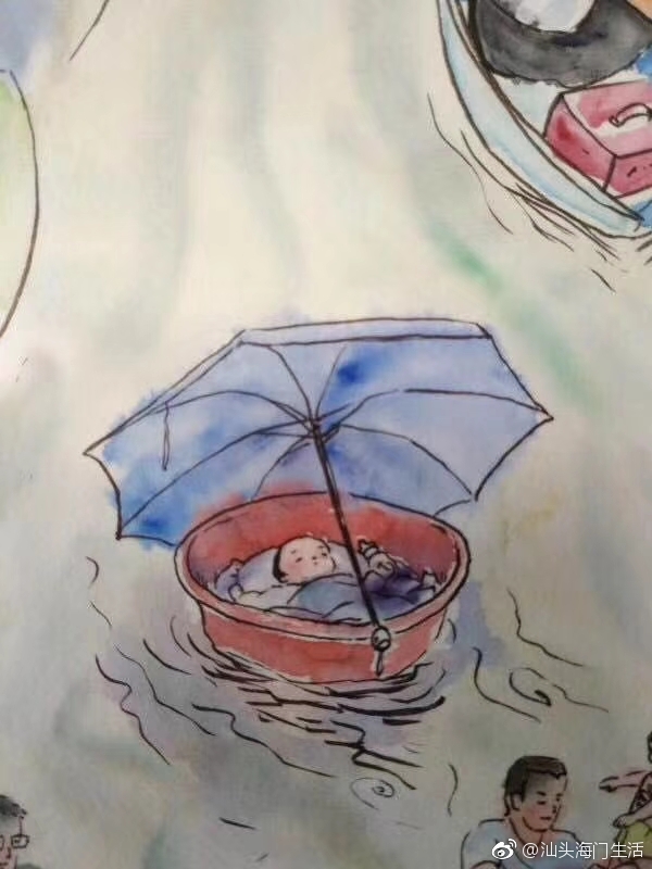 一组手绘画记录汕头暴雨救援前线的感人瞬间.人物形象惟妙惟肖