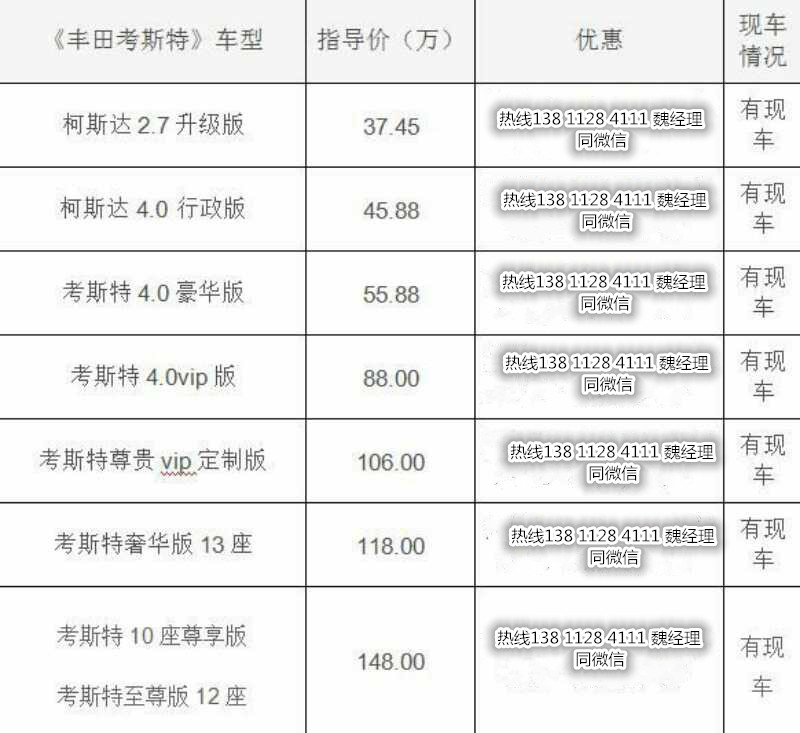 丰田考斯特12座价格 12座考斯特报价