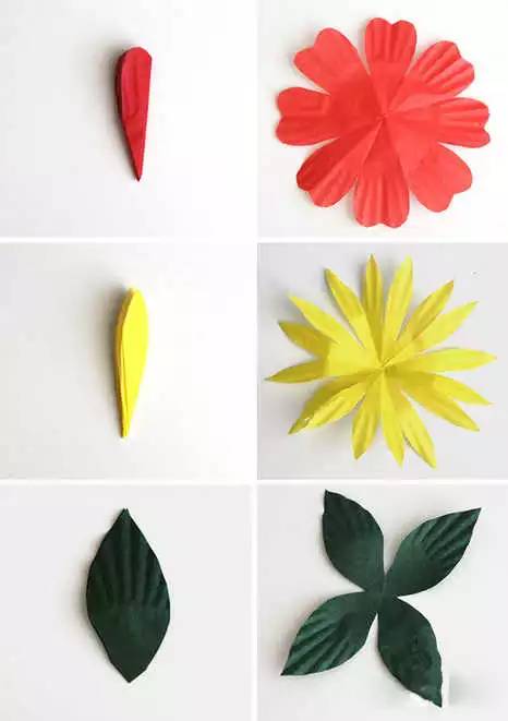 不同的剪法有不同的花朵造型哦~用绿色的蛋糕纸剪出叶子形状吧