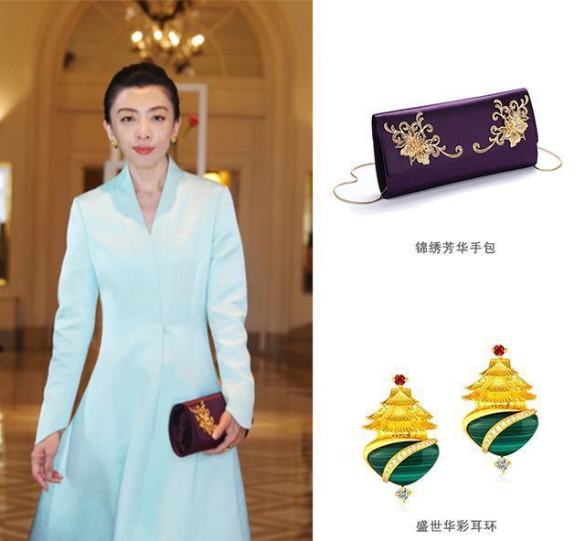 萃华珠宝首席设计师郭夷锬一袭浅绿礼服,搭配为萃华故宫店最新设计的