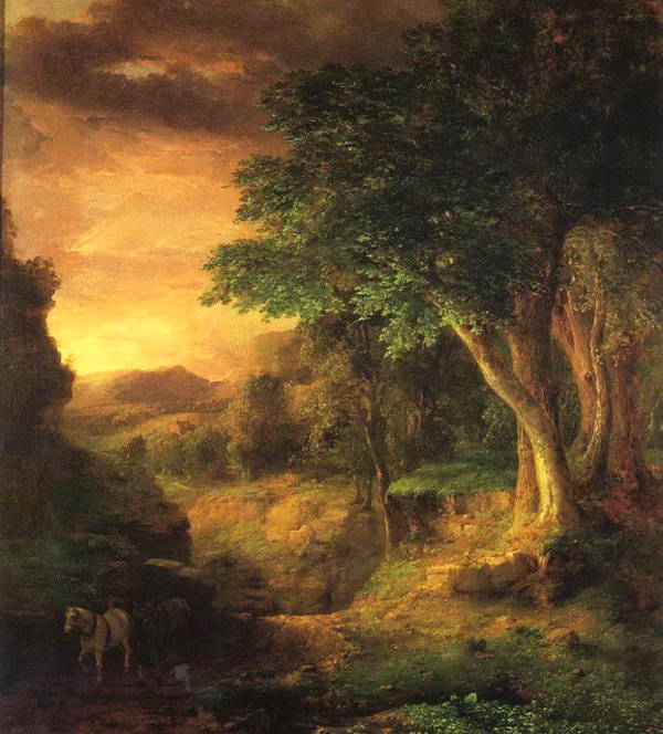 乔治英尼斯 George Inness (1825.5.1 -1894.8.3)是19世纪美国著名风景画家。风景对英尼斯而言是感情的道路。他希望画出东部的风景作为他心灵的明镜,并不是摹仿风景再绘风景。渐渐的,他的绘画创作变成是一种情感的召唤,而不再注意特殊的时空架构。起初,其作品是拒绝被视为道德的怀疑;它们几乎不去判断上帝杰作的细节,或忽略美国的发展。而到了870年到1880年代,人们开始对那感人的挽歌,萦萦于怀的作用力感到兴趣了。相悖于发展中的影响力,在自然的面貌下,他个人的梦确定了不同的观点。深植脑