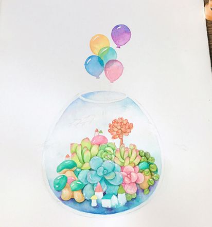 【绘画教程】迷人的多肉植物拼盘水彩画法,很