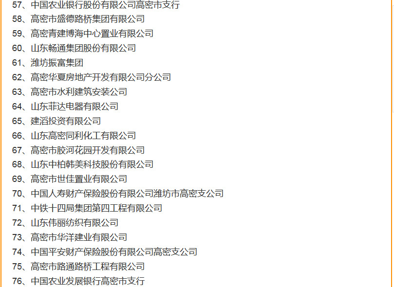 潍坊高密市2017年纳税百强企业名单