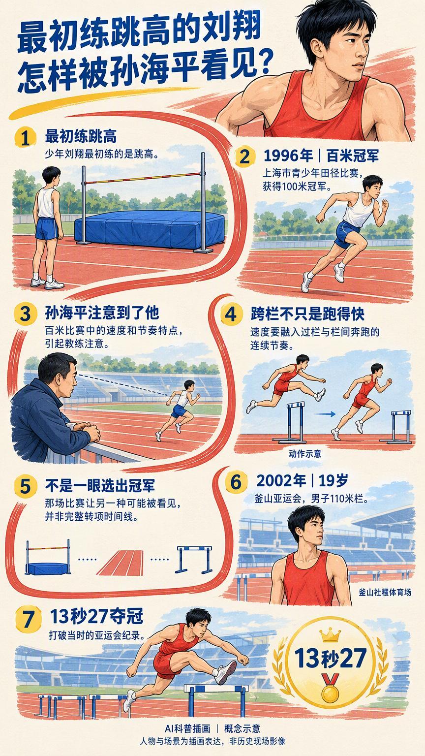 刘翔1996年百米夺冠被孙海平发现，跳高转跨栏