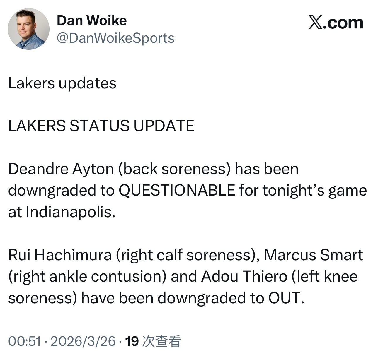 八村垒斯玛特蒂耶罗伤缺，艾顿背部酸痛出战成疑