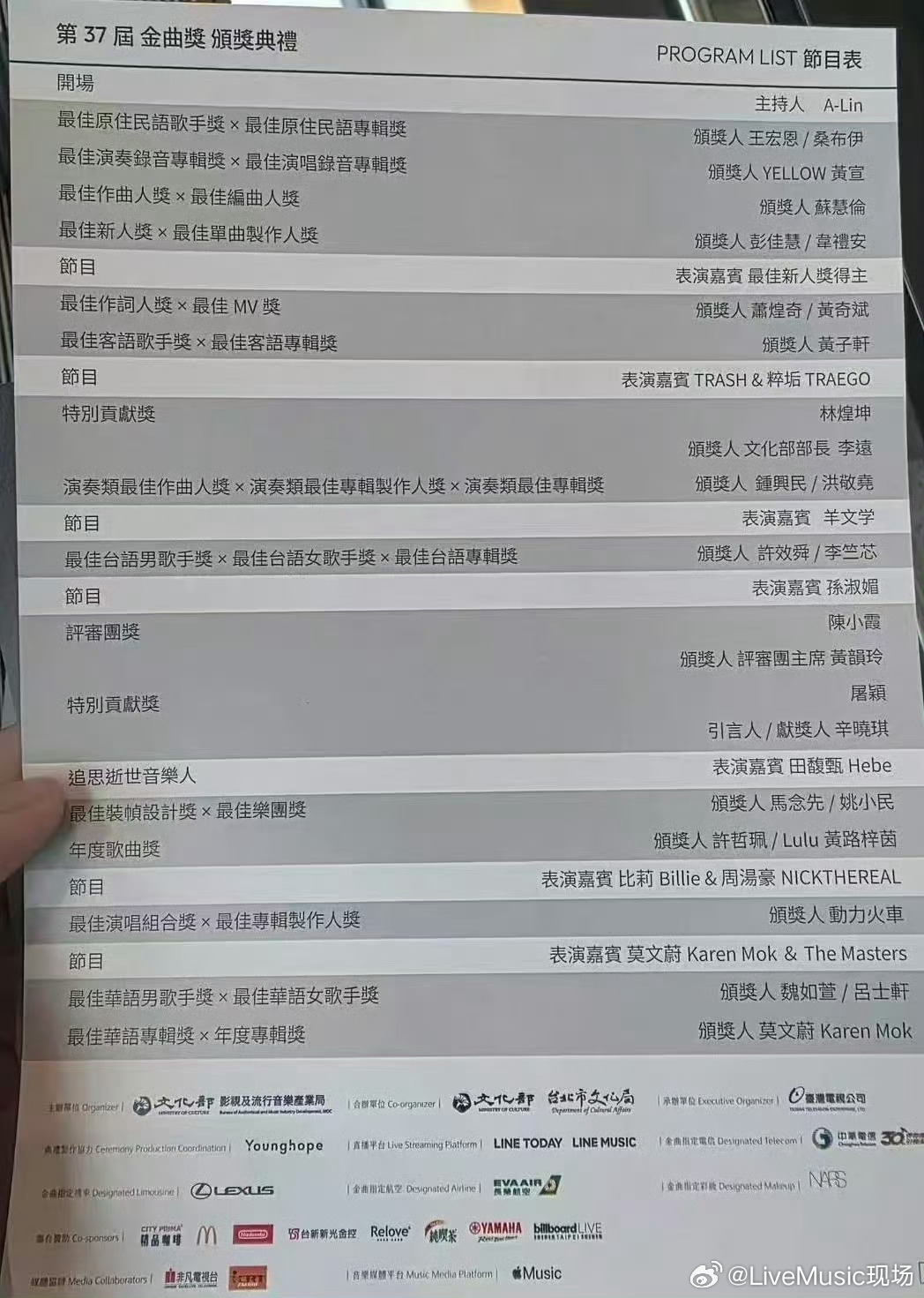 金曲奖今晚举行，田馥甄莫文蔚献唱追思环节