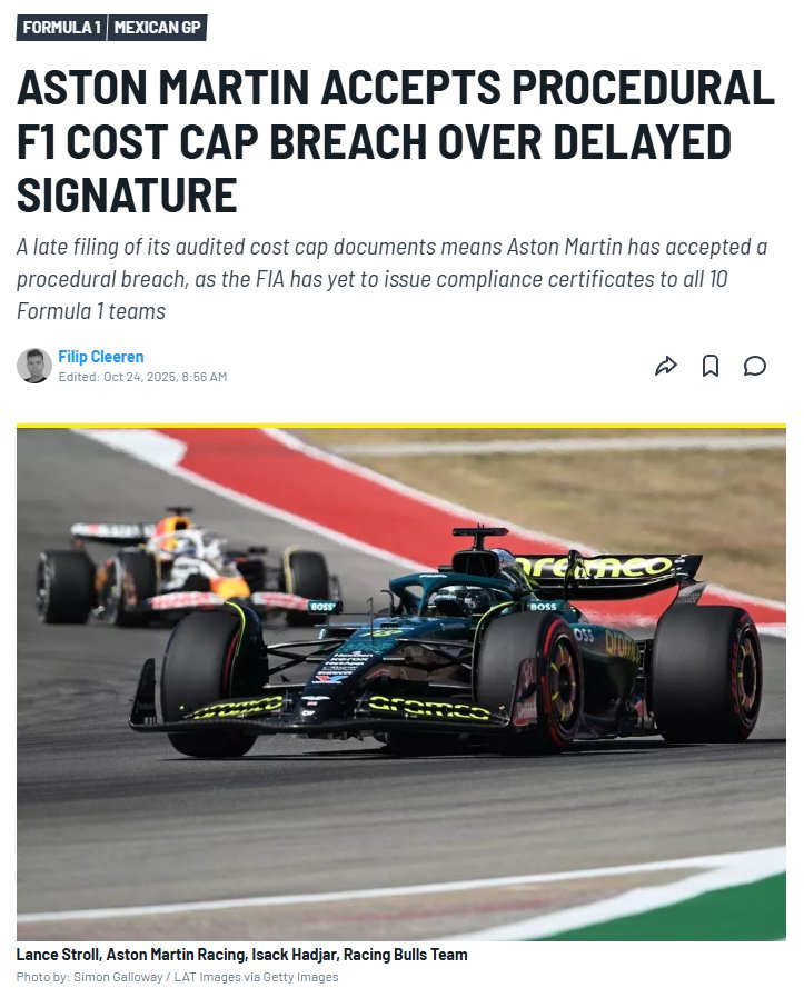 阿斯顿·马丁车队承认延迟提交预算帽文件，接受违约协议