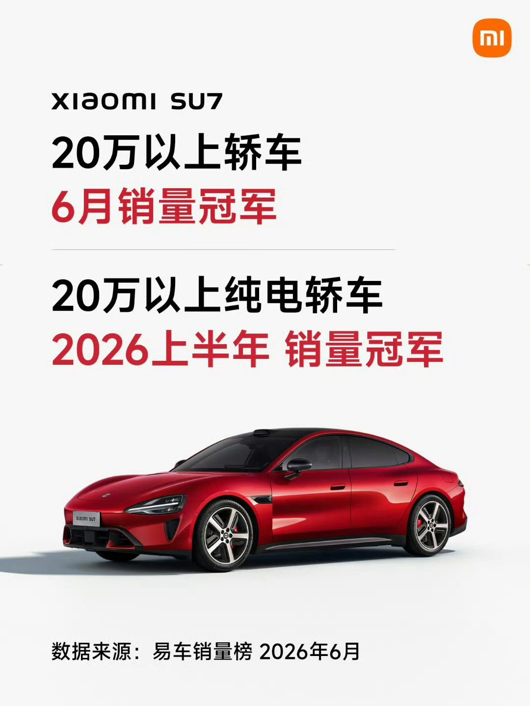 小米SU7斩获6月及上半年20万以上纯电轿车销量双冠